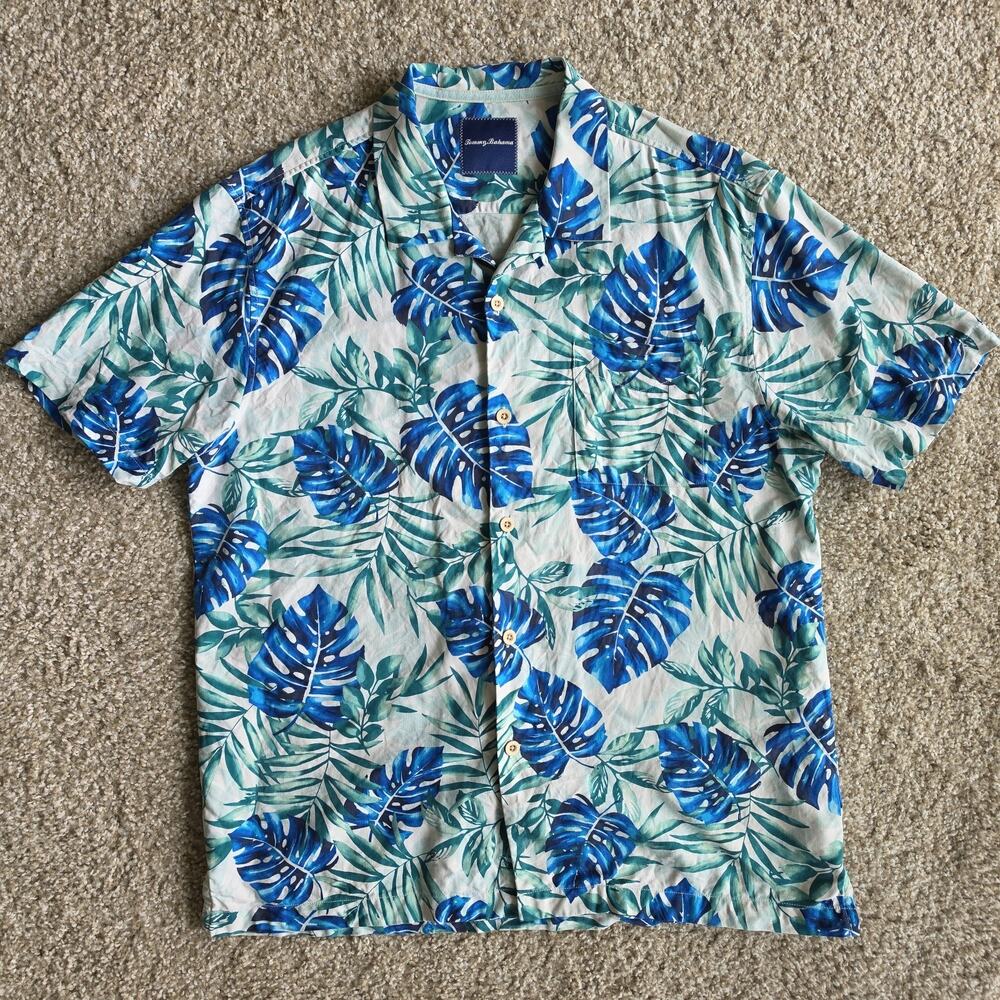 Tommy Bahama Mens Hawaiian Button Down Short Sleeve Shirt, Sz L, Silk, Casual